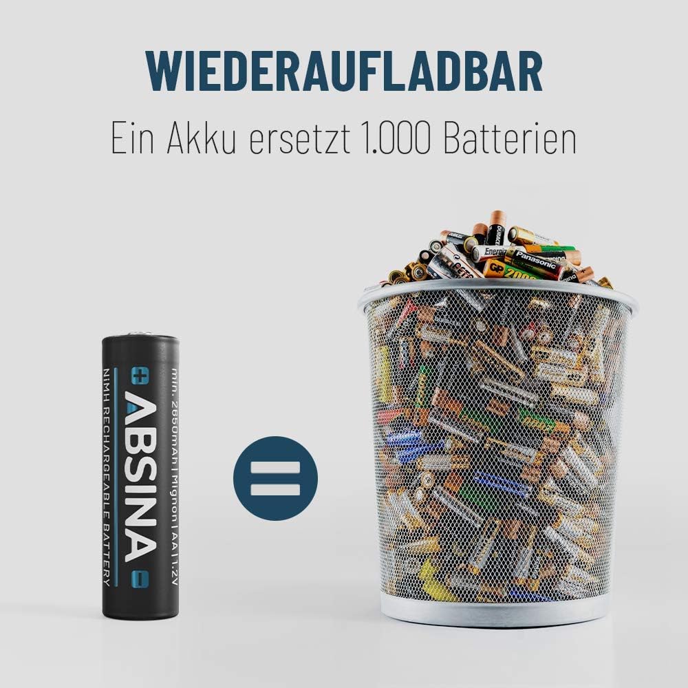 ABSINA Akku AA wiederaufladbar 2900 16er Pack - NiMH AA Akku mit 1,2V & min. 2650mAh - Aufladbare Ba