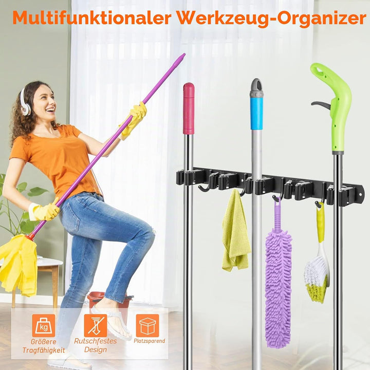 2 Stück Besenhalterung Wand, ibell Gerätehalter Edelstahl mit 10 Halter und 8 Haken, Mopphalter Wand