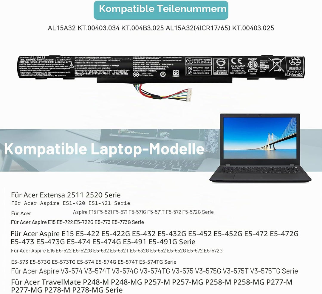 K KYUER 37Wh AL15A32 Laptop Akku für Acer Aspire ES1-420 ES1-421 E5-452 E5-452G E5-473G E5-473T E5-4