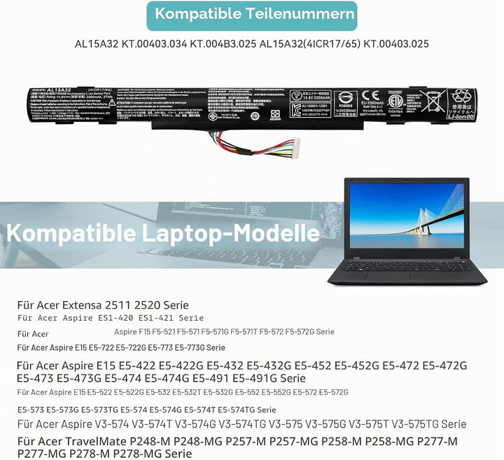 K KYUER 37Wh AL15A32 Laptop Akku für Acer Aspire ES1-420 ES1-421 E5-452 E5-452G E5-473G E5-473T E5-4