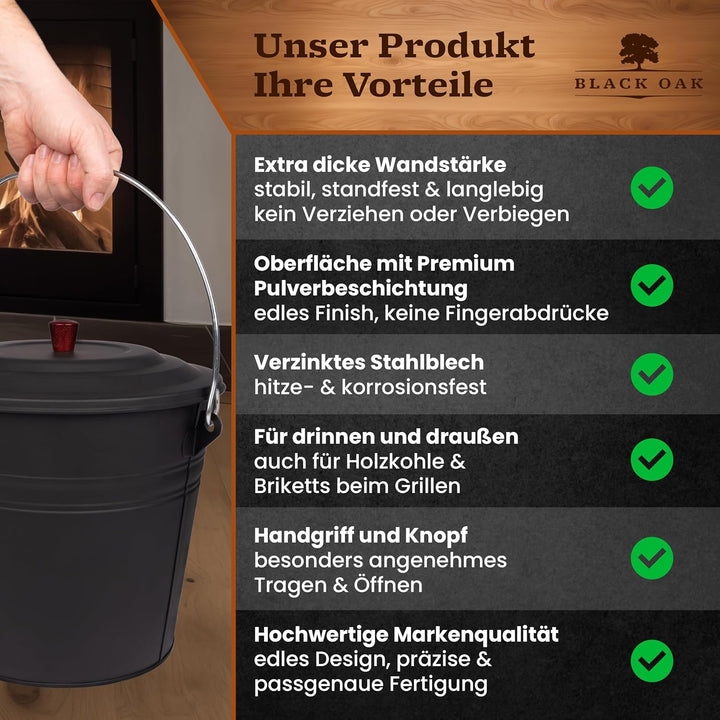 BLACK OAK Ascheeimer Katla 15L – Set Schaufel &amp; Besen schwarz rund mit Deckel gross 15 Liter Stahl f