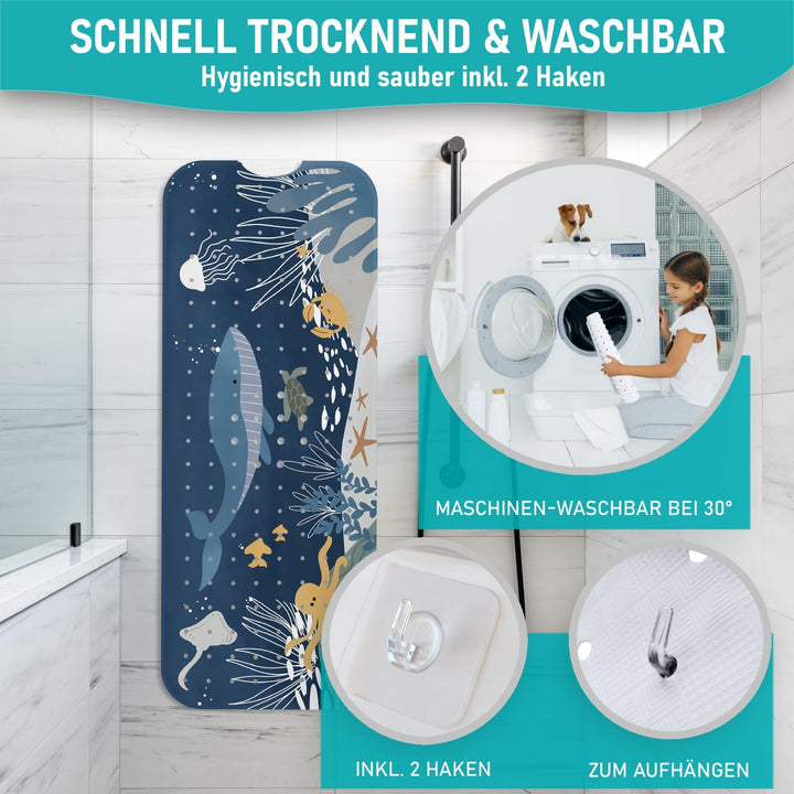 Badewannenmatte 100x40 cm Wasserwelt Blau | Badematte rutschfest | Inkl. Aufhängung | Schimmelresist