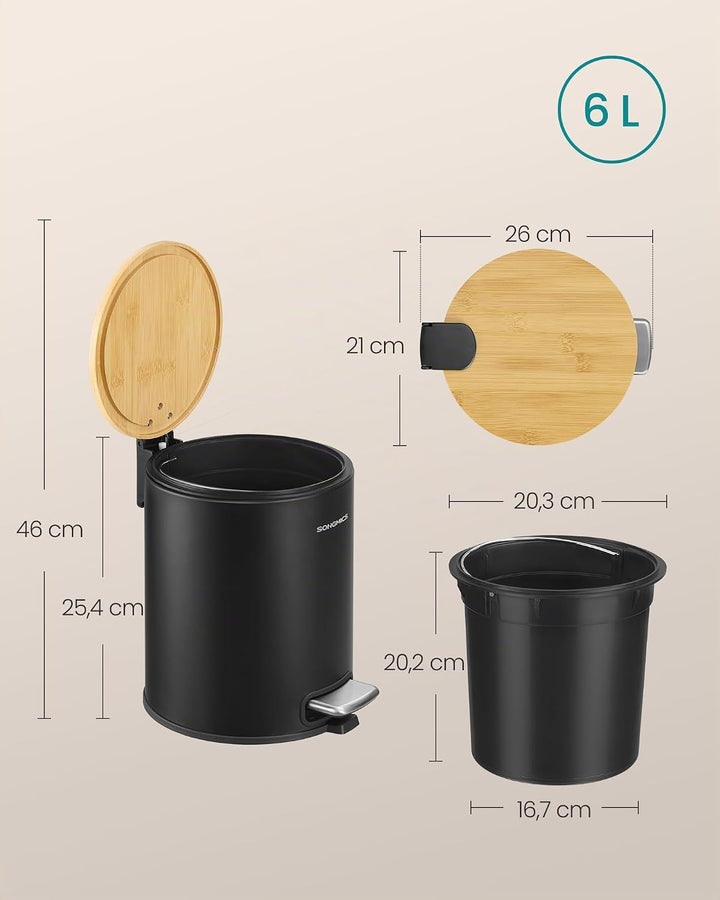 SONGMICS Kosmetikeimer, Mülleimer Bad, mit Deckel aus Bambus, Tretmülleimer mit Metallpedal, Innenei