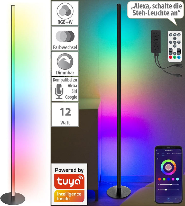 Luminea Home Control Stableuchte: WLAN-Steh-/Eck-Leuchte, RGB-IC-LEDs, 12W, dimmbar, App, 155cm, sch