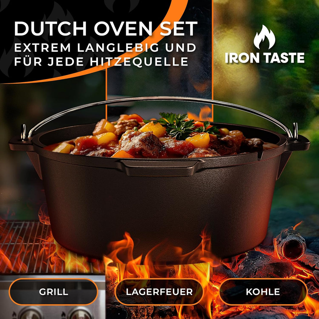 IRON TASTE Dutch Oven Set 9L - Eingebrannter Dutch Oven 9 Liter - Feuertopf Gusseiserner Topf mit Fü