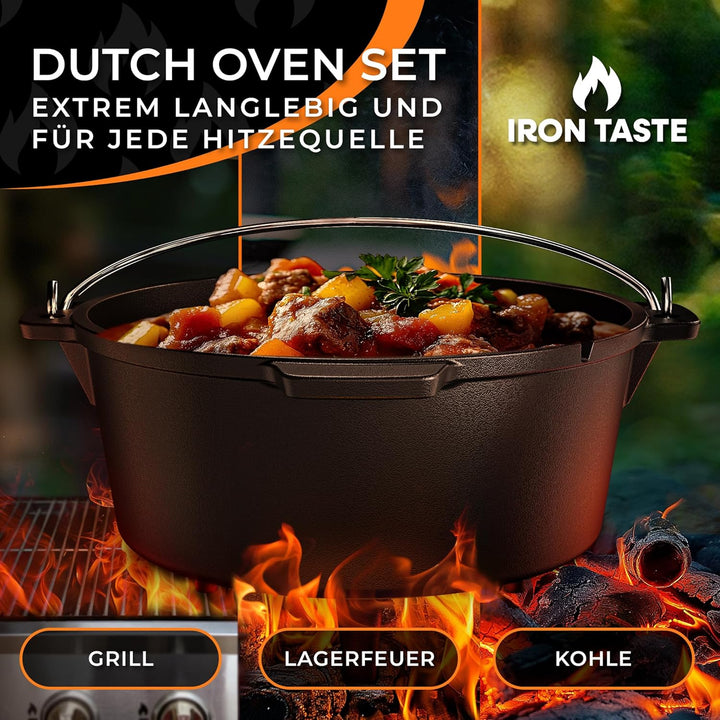 IRON TASTE Dutch Oven Set 9L - Eingebrannter Dutch Oven 9 Liter - Feuertopf Gusseiserner Topf mit Fü