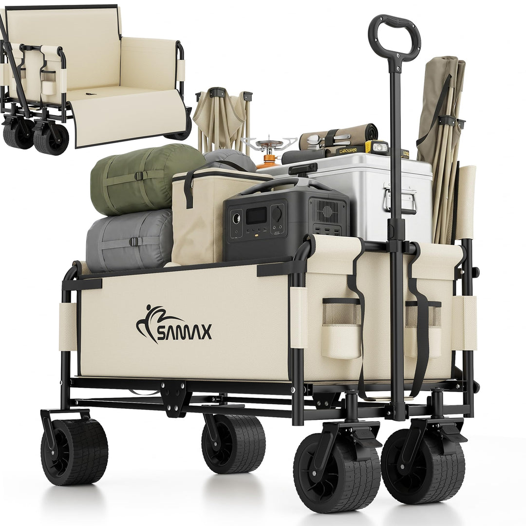 SAMAX Bollerwagen bis 200kg - 2in1 mit Bank - Faltbarer Handwagen Gartenwagen Strandwagen - Klappbar
