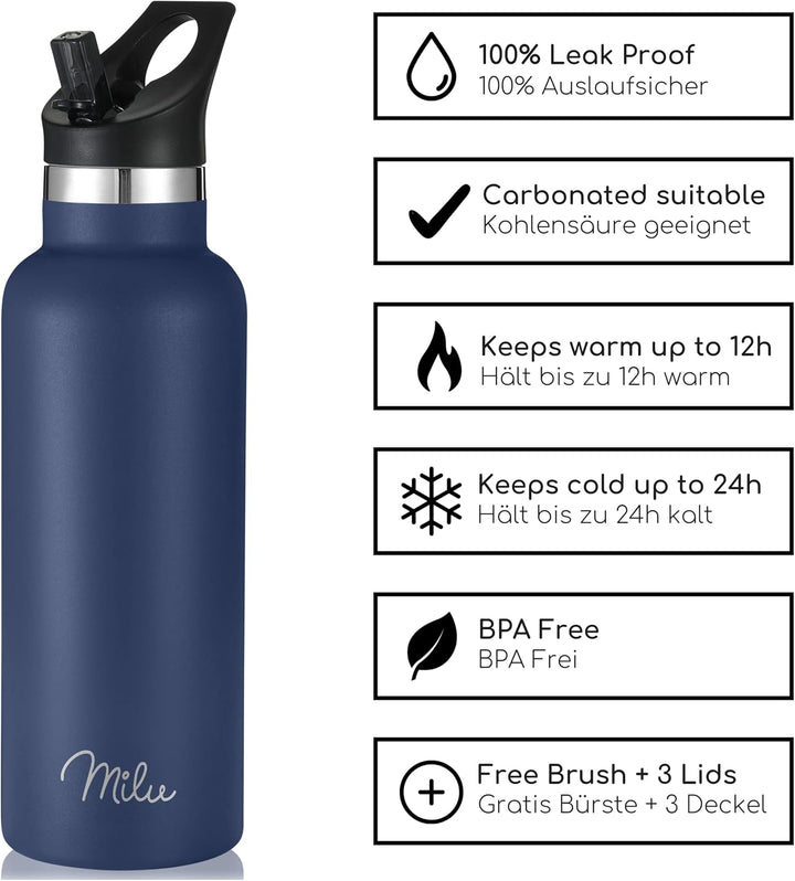 Milu Edelstahl Trinkflasche 350ml 500ml 750ml 1000ml (+3 Deckel) Thermosflasche mit Strohhalm, Isoli