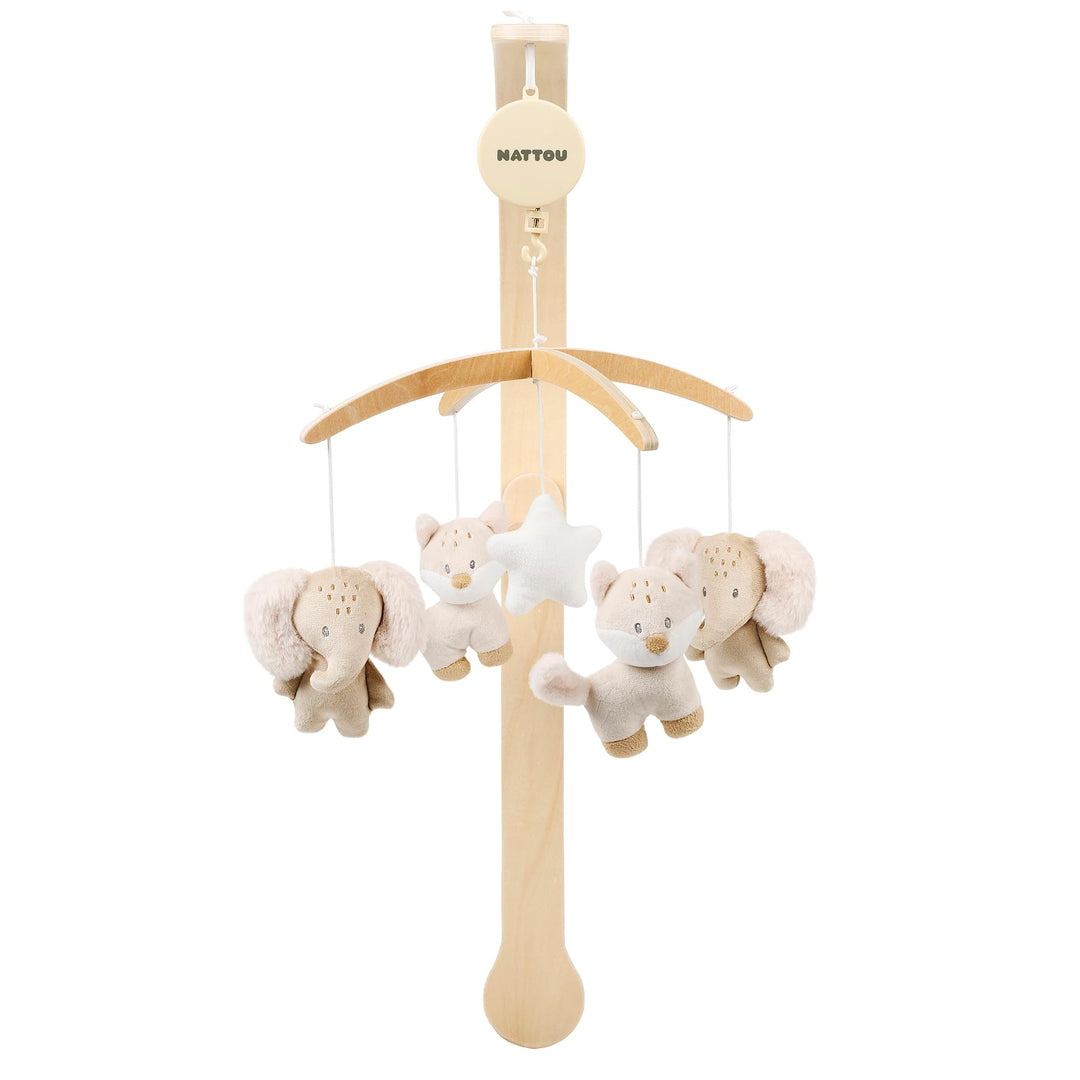 Nattou Mobile mit Spieluhr aus Holz und Polyester, Fuchs und Elefant, Sanftes Wiegelied "La-Le-Lu",