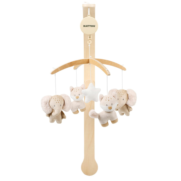Nattou Mobile mit Spieluhr aus Holz und Polyester, Fuchs und Elefant, Sanftes Wiegelied "La-Le-Lu",