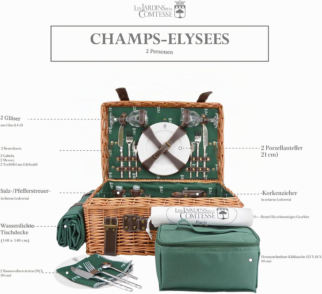 Les Jardins de la Comtesse - Picknickkorb Champs-Elysées aus Weidengeflecht und echtem Leder - Dunke