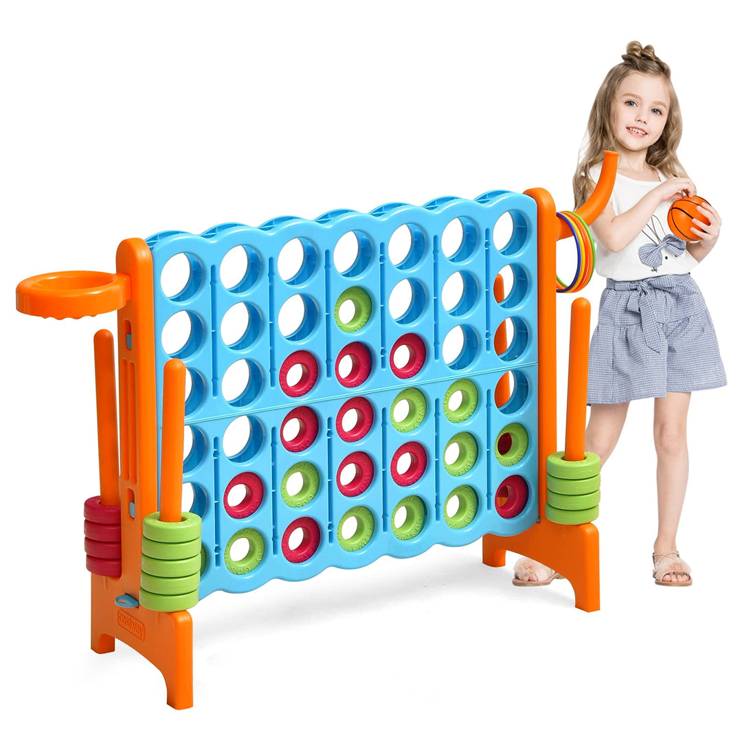 GOPLUS Riesiges 4 Gewinnt Spiel, Strategiespiel mit 42 Ringen, Basketballkorb & Wurfspiel & Schnells