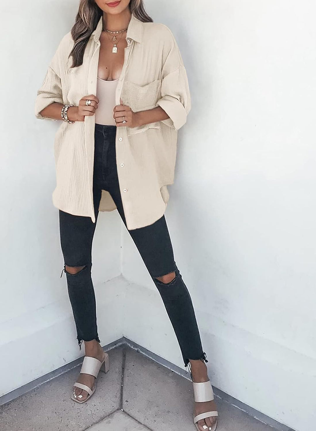 Dokotoo Bluse Damen Musselin Langarmshirt Baumwolle Lässig Oberteile Hemd Langarm Einfarbig Tops Far