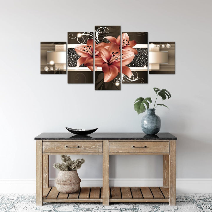 Runa Art Wandbilder Blumen Lilien 5 Teilig Bild auf Vlies Leinwand Deko Wohnzimmer Abstrakt Beige Br