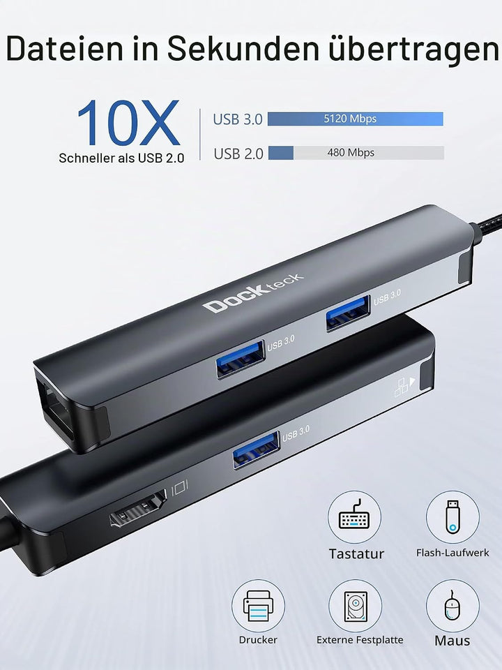 USB C Hub Dockteck 5 in 1 USB C Dock, USB-C Adapter mit Ethernet LAN RJ45, 4K HDMI, 3 USB 3.0 für Ma