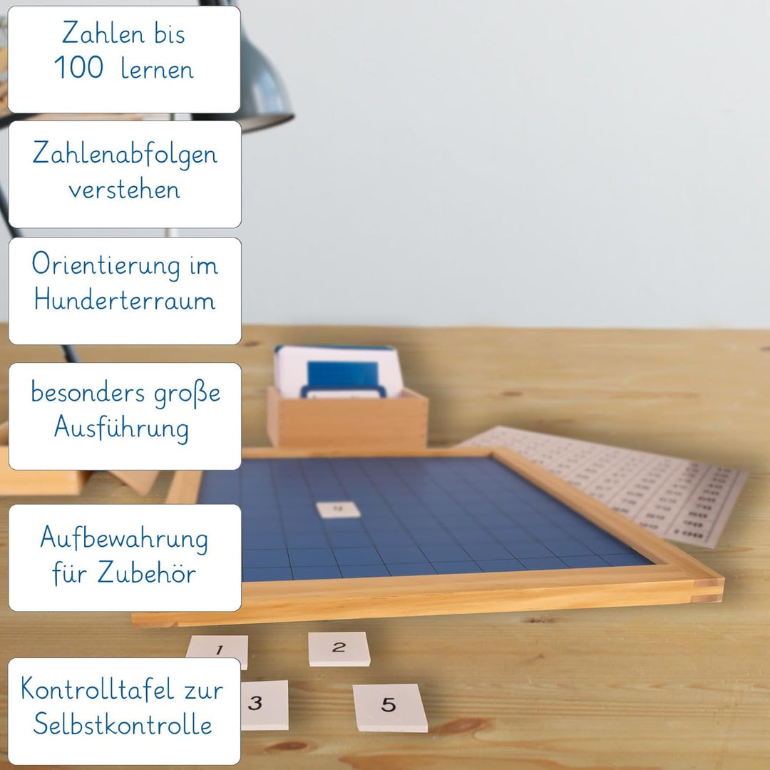 Hunderterbrett mit Arbeitskartei, 100 Auftragskarten - Montessori-Material Hundertertafel zum Zahlen