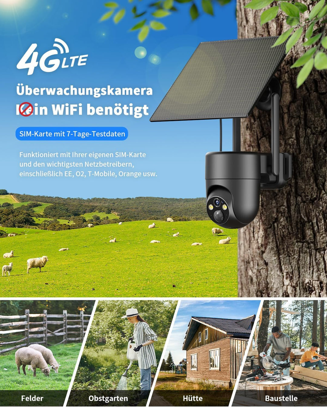SEHMUA 4G LTE Überwachungskamera Aussen Akku, Solar Kabellose Überwachungskamera mit SIM Karte, 2K Ü