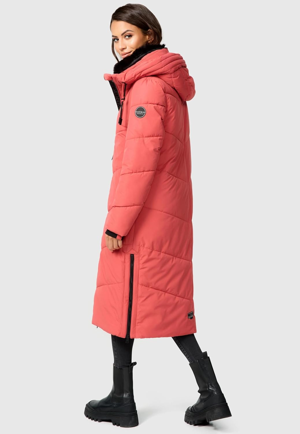 MARIKOO Damen Wintermantel Warmer Steppmantel lang mit Kapuze und abnehmbarem Kunstfellkragen Nadare