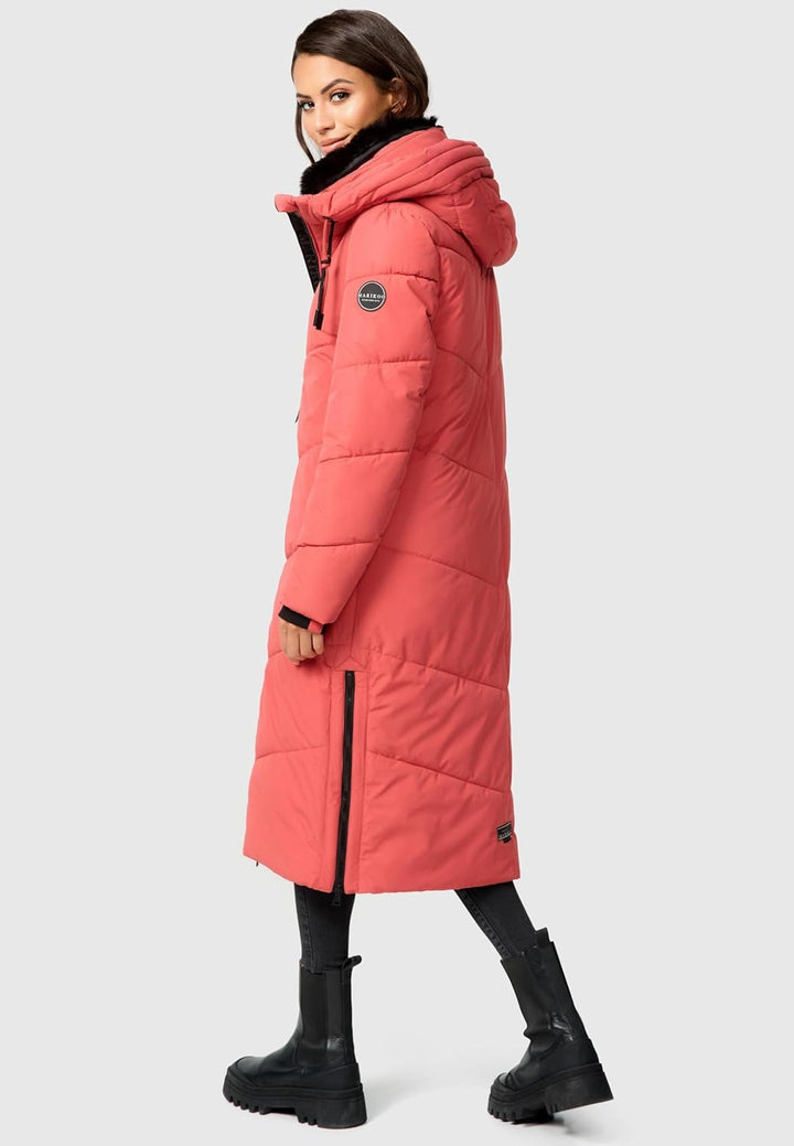 MARIKOO Damen Wintermantel Warmer Steppmantel lang mit Kapuze und abnehmbarem Kunstfellkragen Nadare