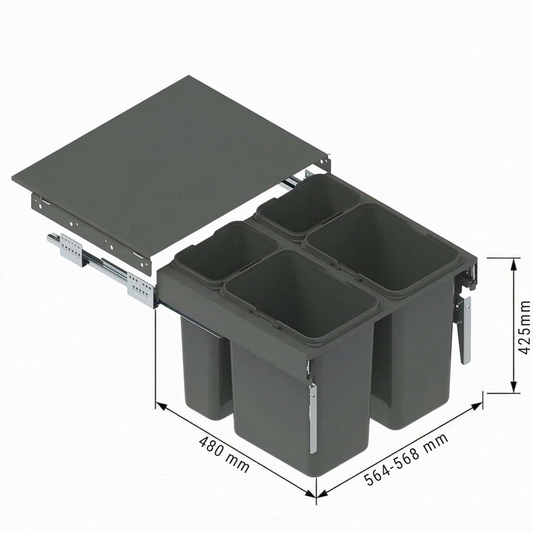 Einbau-Mülleimer für 60 cm Schrank SEGREGO 4-fach Abfallsystem mit Deckel Soft-Close & Vollauszug 56