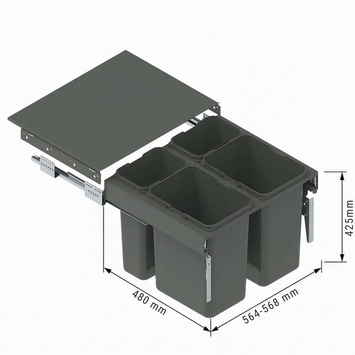 Einbau-Mülleimer für 60 cm Schrank SEGREGO 4-fach Abfallsystem mit Deckel Soft-Close & Vollauszug 56