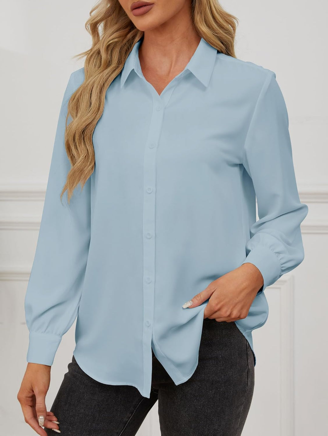 Damen Bluse Langarm Hemden Elegant V-Ausschnitt Button-Down Blusen Shirts Casual Chiffon Hemdbluse O