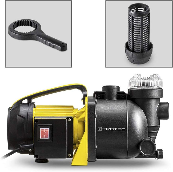 TROTEC Gartenpumpe mit Filter TGP 1005 E Rasenwasserpumpe 1000 W 3300 l/h Fassungsvermögen