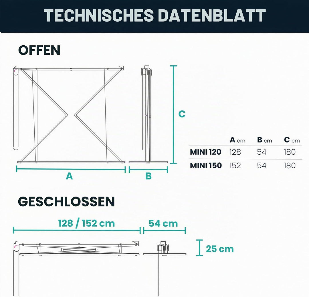 Foxydry Mini Deckenständer, vertikaler Wäscheständer, zusammenklappbar in Aluminium und Stahl 152x54