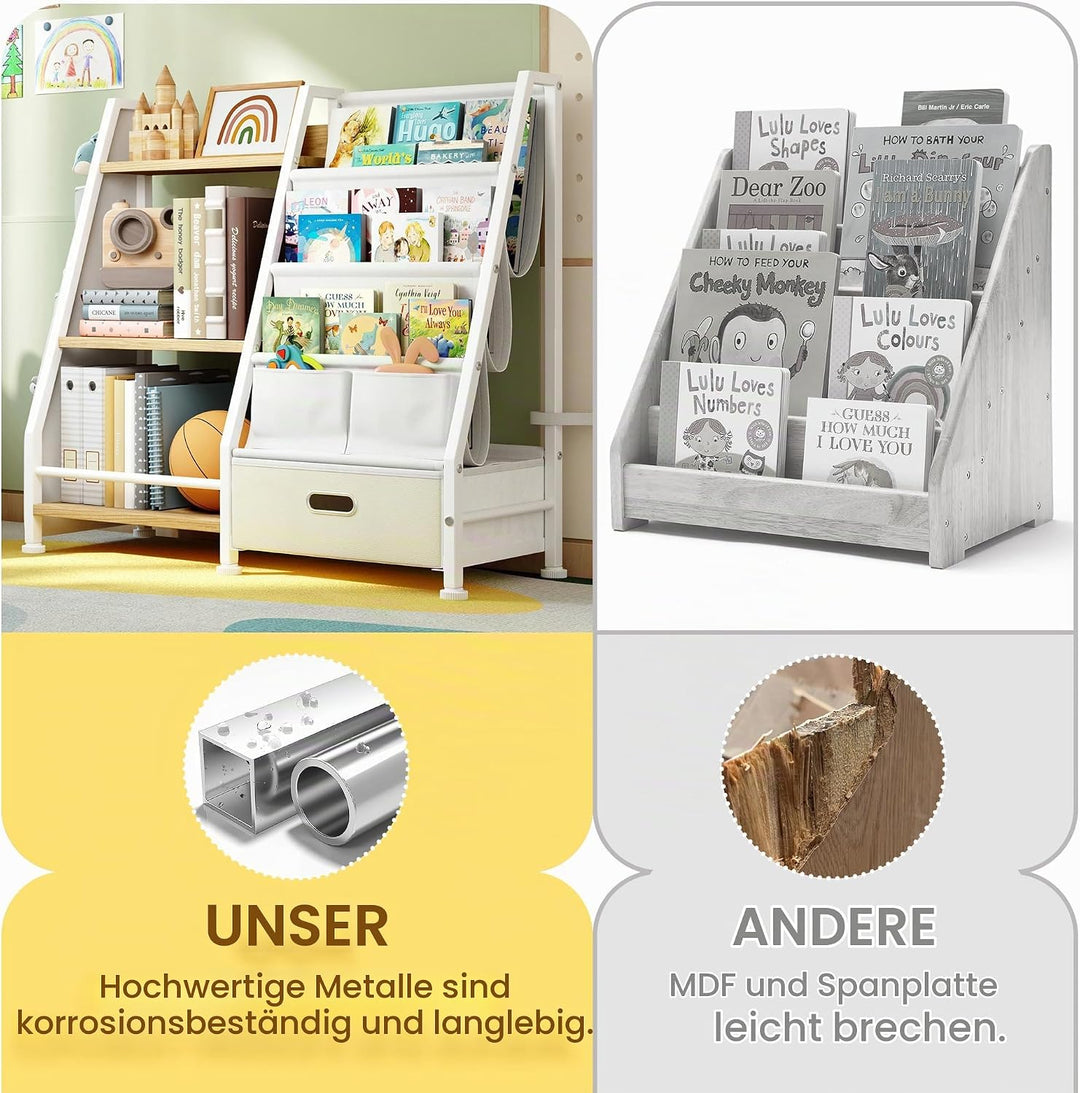 GoTiling Kinder Bücherregal Kinderzimmer Spielzeugregal: Bücherregal mit 1 Aufbewahrungsboxen und 3
