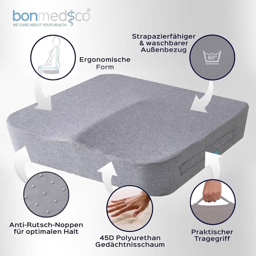 bonmedico Sitzkissen orthopädisch - Ergonomisches Memory Foam Kissen für Bürostuhl, Auto, Rollstuhlk