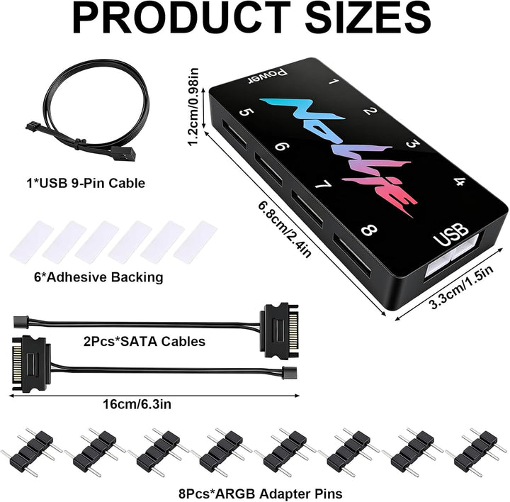 8-Port Signal RGB Controller, 5V 3PIN SATA-Gespeister ARGB-Controller PC-Beleuchtungs-Hub mit 2 SATA