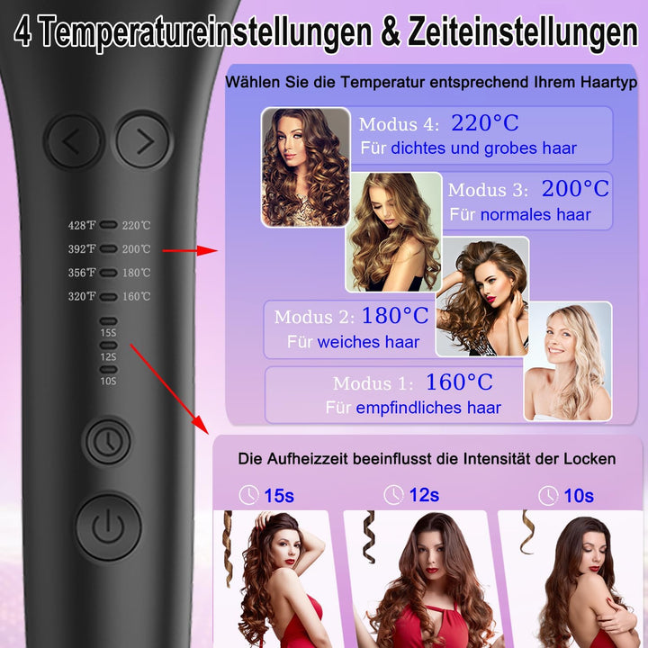 Lockenstab Automatisch, 4 Temperatureinstellungen für Alle Haartypen, 3 Heizzeiten für Vielfältiges