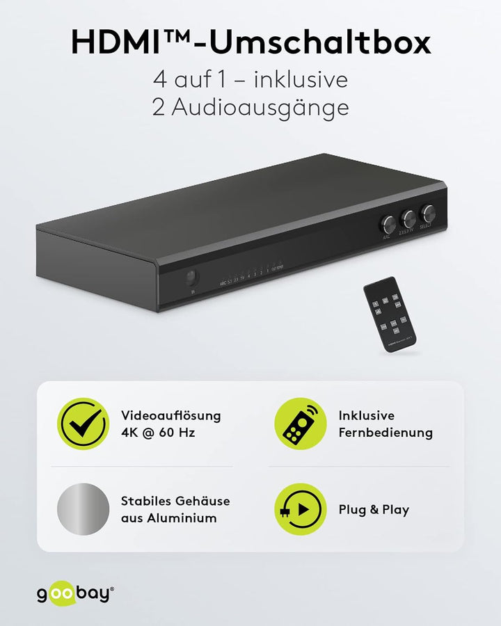 goobay 58490 HDMI Umschaltbox mit Audio Ausgang/HDMI Verteiler unterstützt Auflösungen bis zu 4K@60H