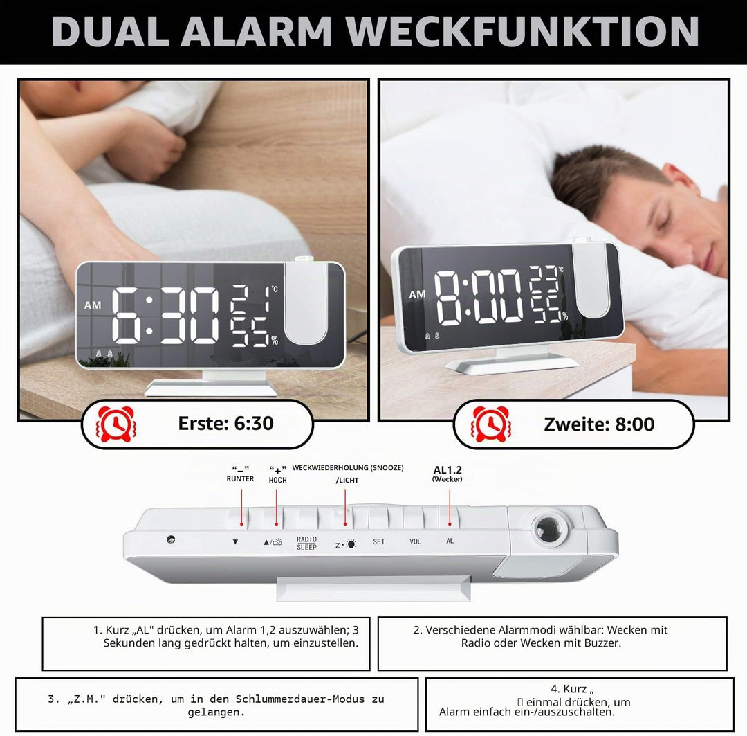 EVILTO Projektionswecker 180° Decke – Digitaluhr elektrisch Snooze-Funktion 12/24 Stunden Lautstärke