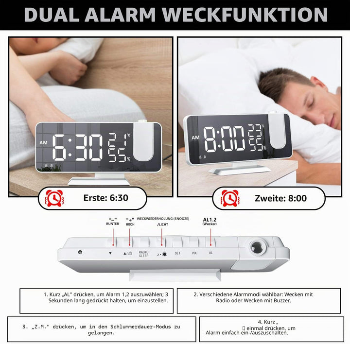 EVILTO Projektionswecker 180° Decke – Digitaluhr elektrisch Snooze-Funktion 12/24 Stunden Lautstärke