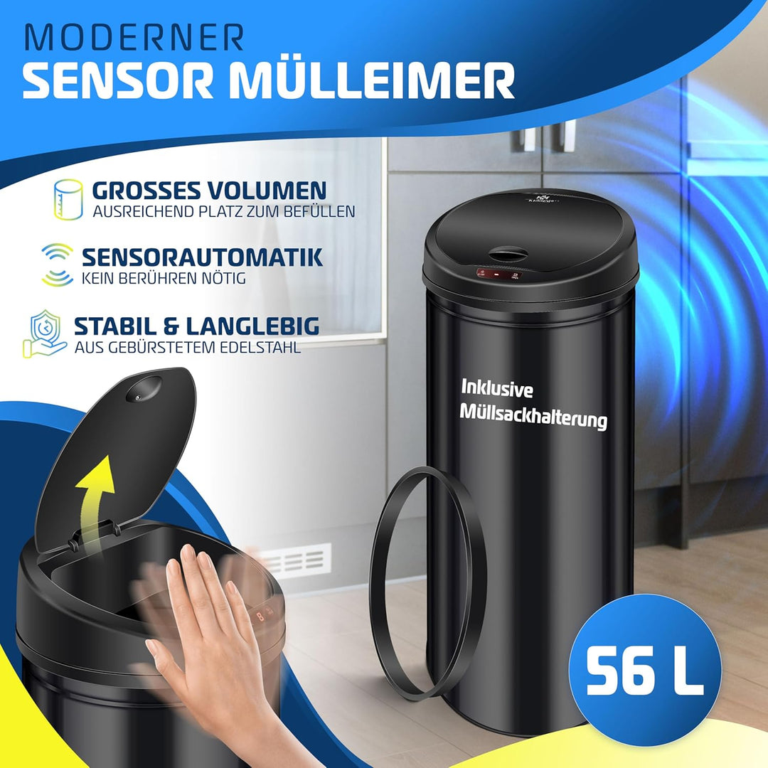 KESSER Sensor Mülleimer ✓ Automatik ✓ Abfalleimer ✓ Abfall | Edelstahl | 56 Liter SCHWARZ, 56 Liter