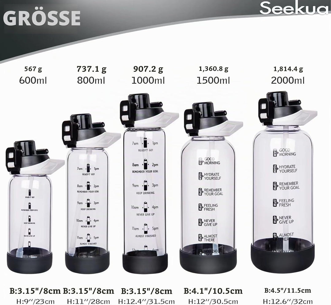 Seekua 0.8l Sport Trinkflasche Glas Flasche mit Strohhalm &amp; Zeitmarkierung 800ml auslaufsicher bpa f