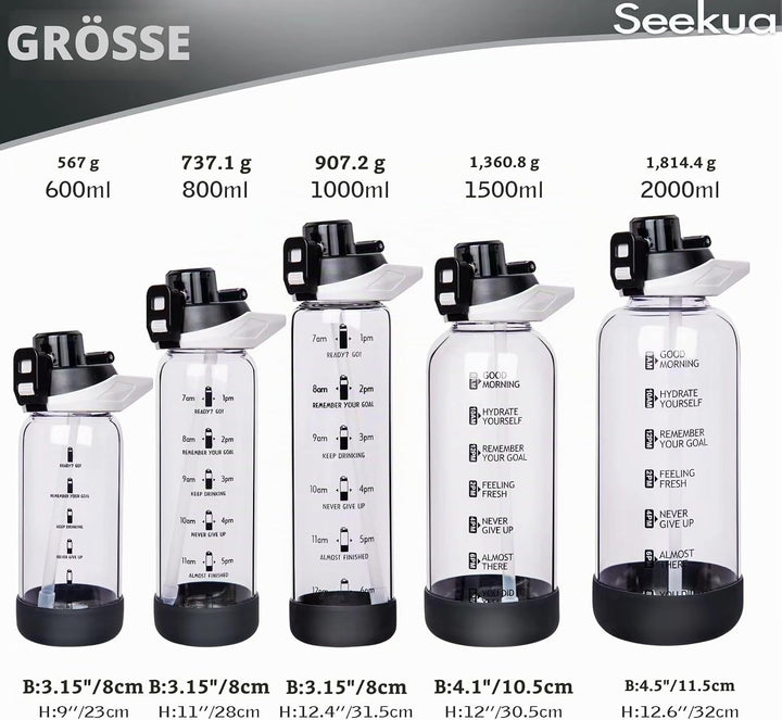 Seekua 0.8l Sport Trinkflasche Glas Flasche mit Strohhalm &amp; Zeitmarkierung 800ml auslaufsicher bpa f