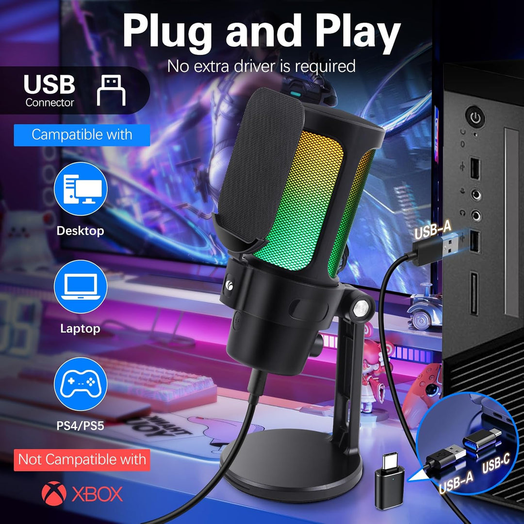 VCOM Gaming Mikrofon PC, RGB USB Mikrofon mit Mute, Pop-Filter, Gain, Gaming Zubehör Microphone für
