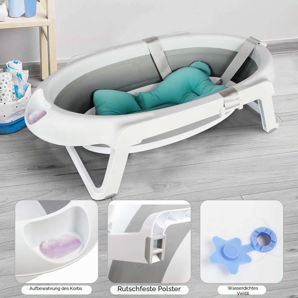 Faltbare Babybadewanne mit Stahlhalterung, ergonomisches Badewannenkissen und Ablaufschlauch – faltb