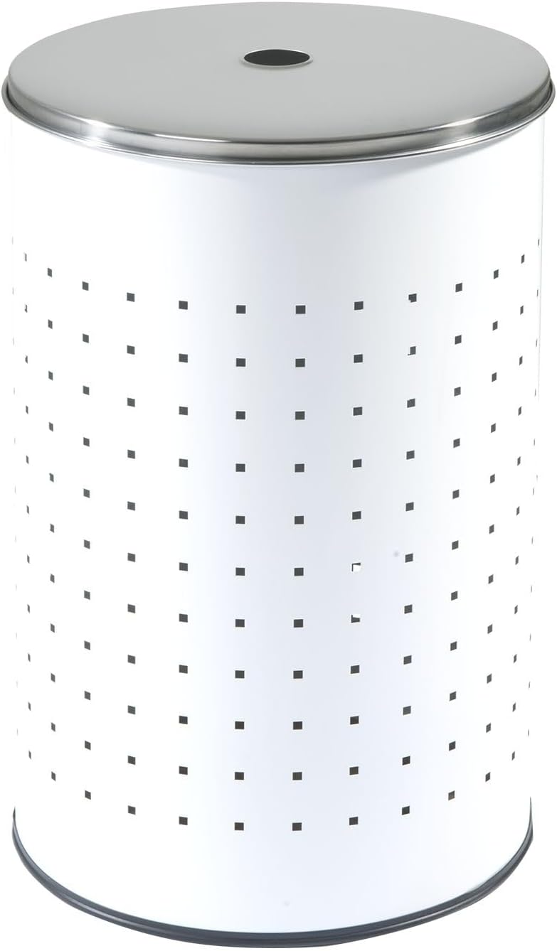 Wäschekorb mit Deckel und Luftlöchern - Edelstahl - Weiss - 54 L - Ø 35,5 cm - 57,5 cm hoch - Wäsche