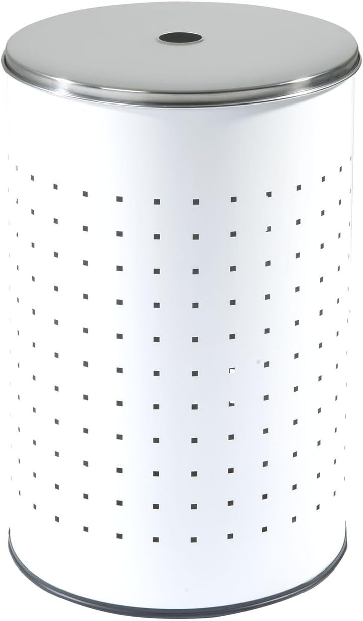 Wäschekorb mit Deckel und Luftlöchern - Edelstahl - Weiss - 54 L - Ø 35,5 cm - 57,5 cm hoch - Wäsche
