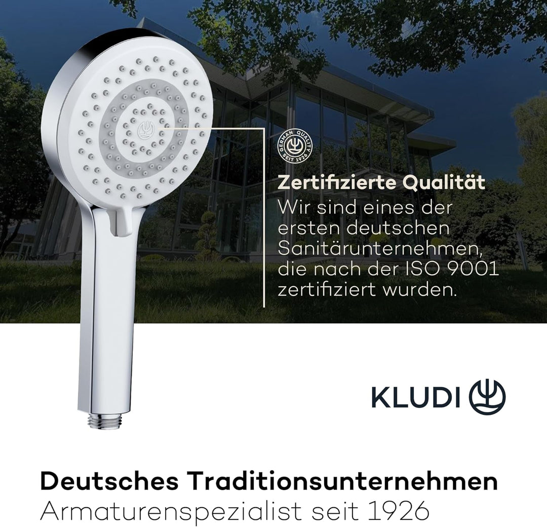 KLUDI-X1 Universal Duschkopf wassersparend als Option, Duschbrause mit 3 Strahlarten (Body, Hair, Sk