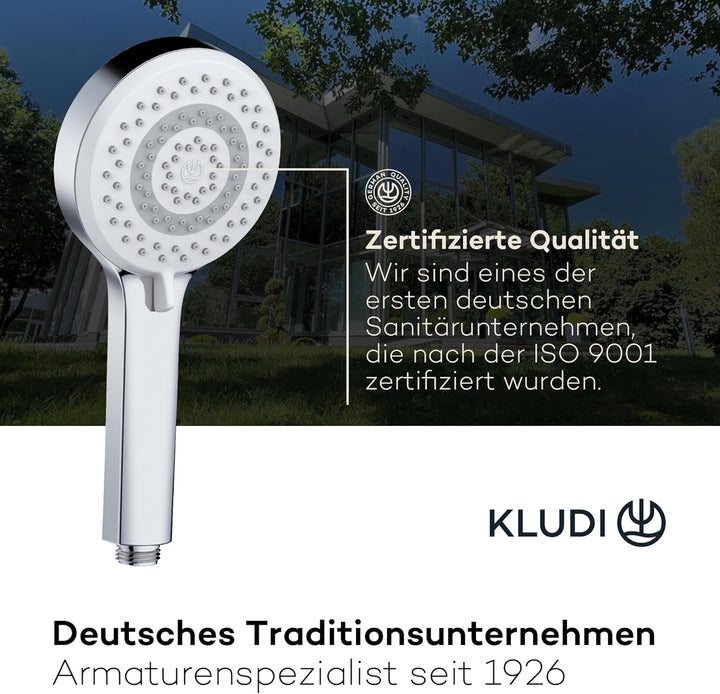 KLUDI-X1 Universal Duschkopf wassersparend als Option, Duschbrause mit 3 Strahlarten (Body, Hair, Sk