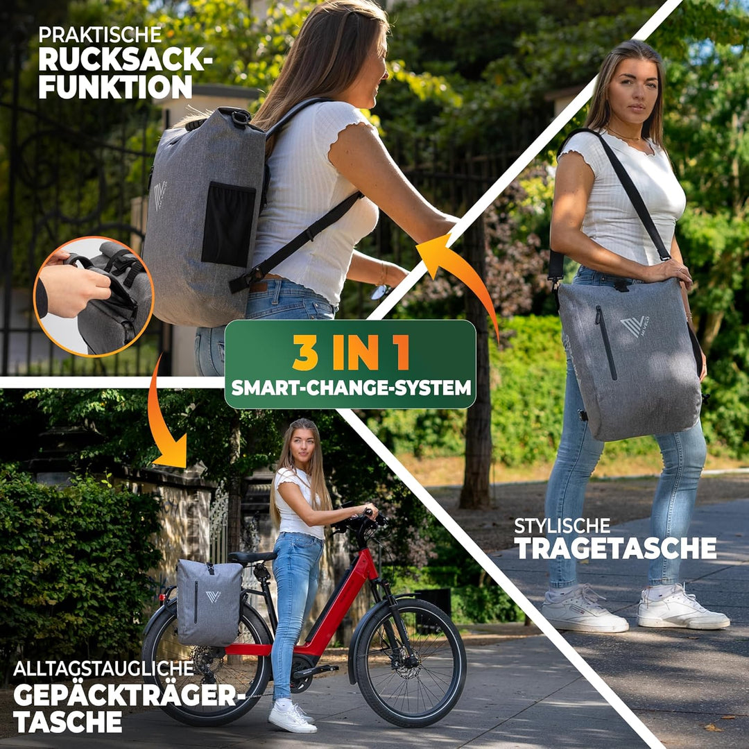 MIVELO - 3 in 1 Fahrradtasche - Rucksack - Schultertasche wasserdicht 100% PVC frei, mit Laptopfach
