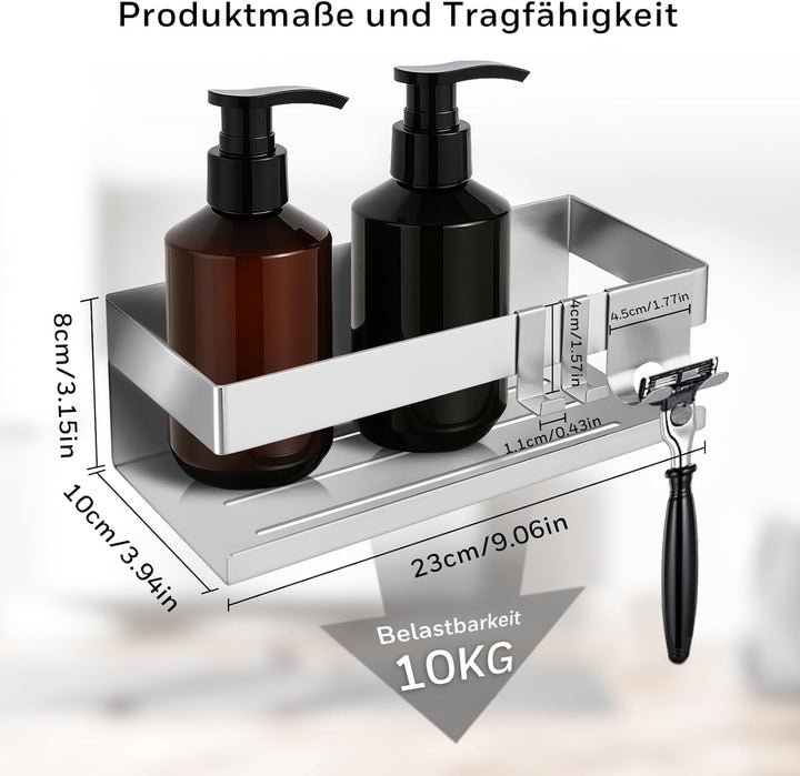 Duschregal Ohne Bohren – Badablage (23 x 10 x 8 cm) mit zwei Haken und Rasiererhalter, zwei Montagem