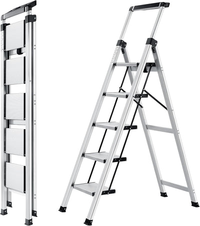 XinSunho Stufenleiter, Klappleiter 5 Stufen mit Ausziehbarem Handlauf, Aluminium Trittleiter, rutsch