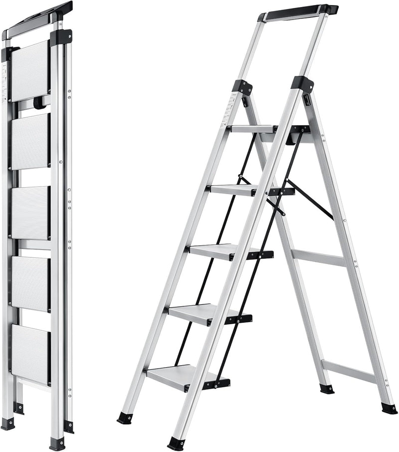 XinSunho Stufenleiter, Klappleiter 5 Stufen mit Ausziehbarem Handlauf, Aluminium Trittleiter, rutsch