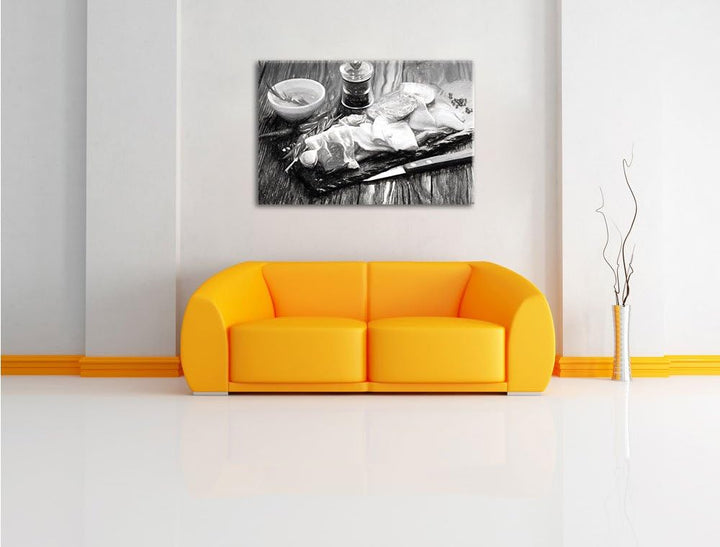 Pixxprint Antipasti verschiedener Wurstsorten Kunst Kohle Effekt, Format: 100x70 auf Leinwand, XXL r