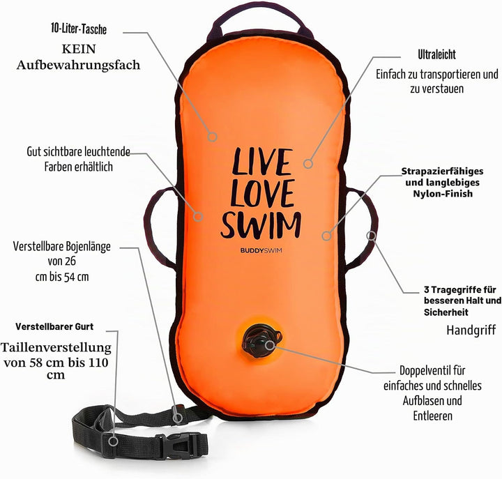 Buddyswim Freiwasser-Schwimmboje 10 L für Überquerungen und Wettkämpfe. Nylon-Oberfläche, Ultraleich